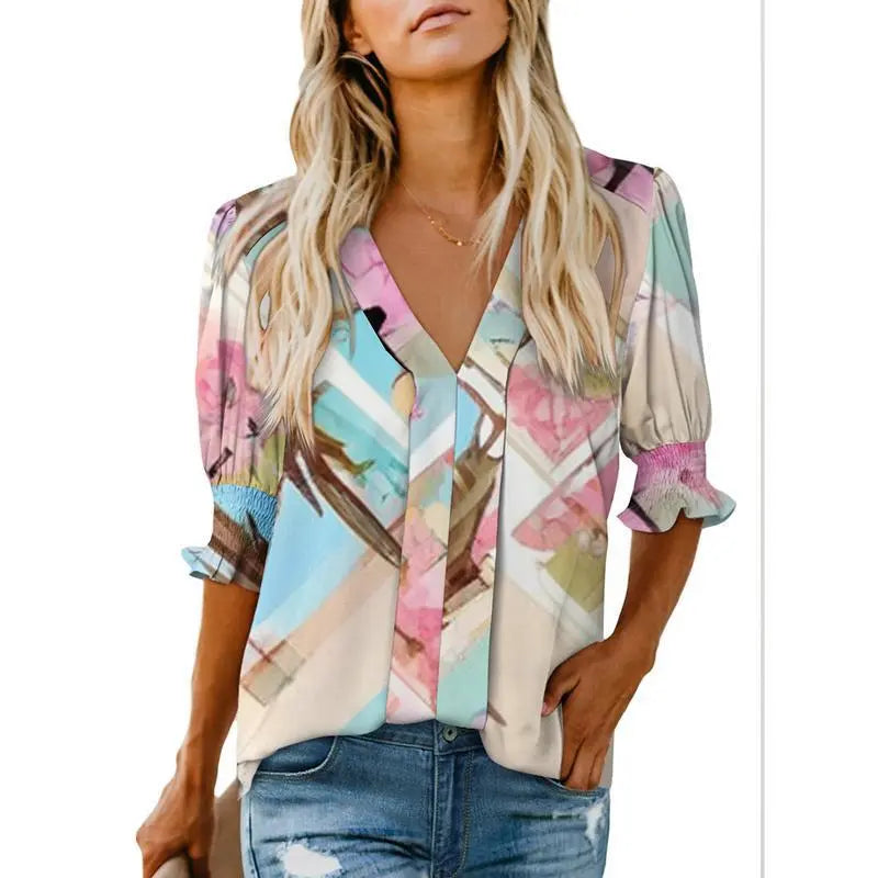 Joli haut à col en V et manches à volants