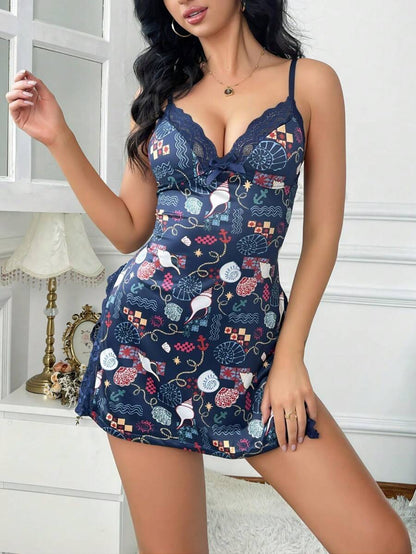 Chemise de nuit pour femme à nœud en dentelle et fente sur la cuisse