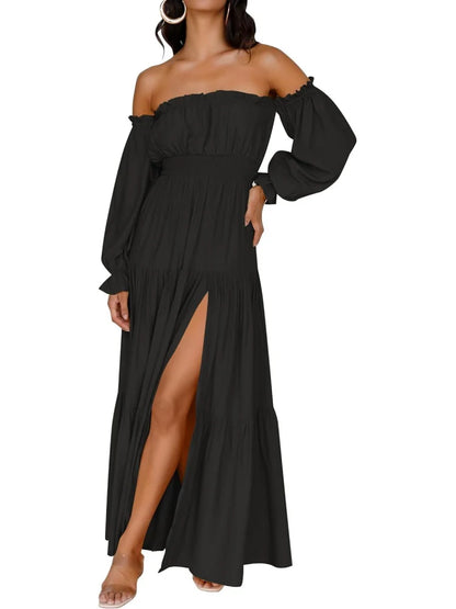Robe longue à volants et épaules dénudées, style bohème sexy, pour femme