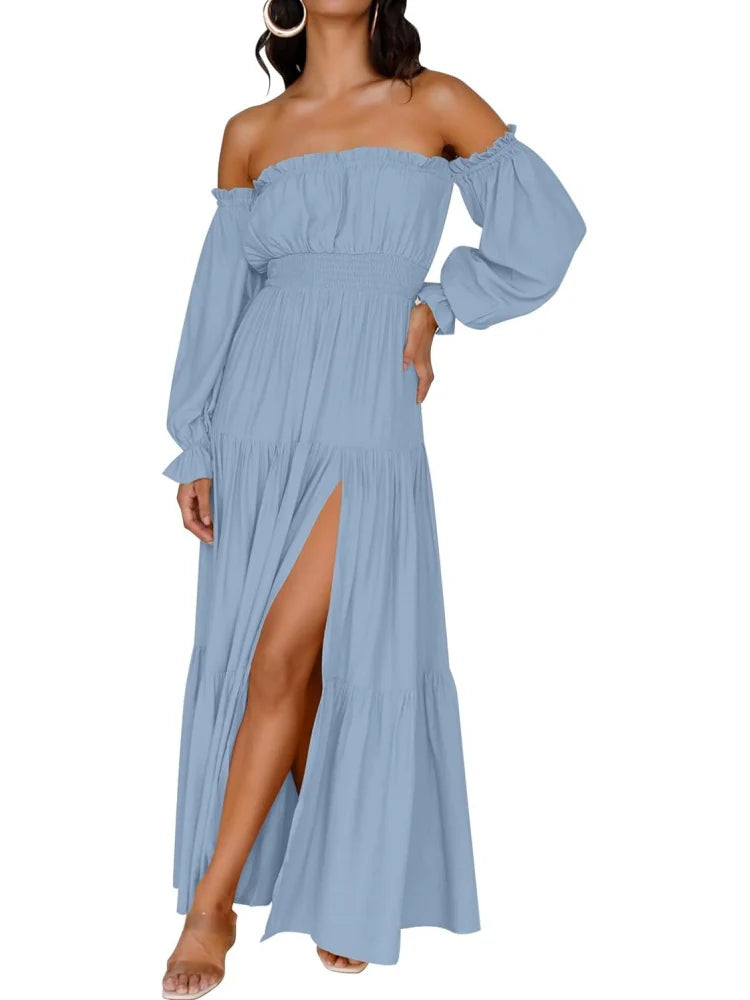 Robe longue à volants et épaules dénudées, style bohème sexy, pour femme