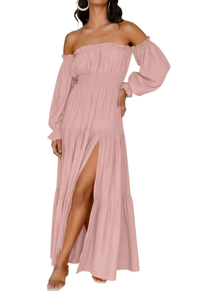 Robe longue à volants et épaules dénudées, style bohème sexy, pour femme