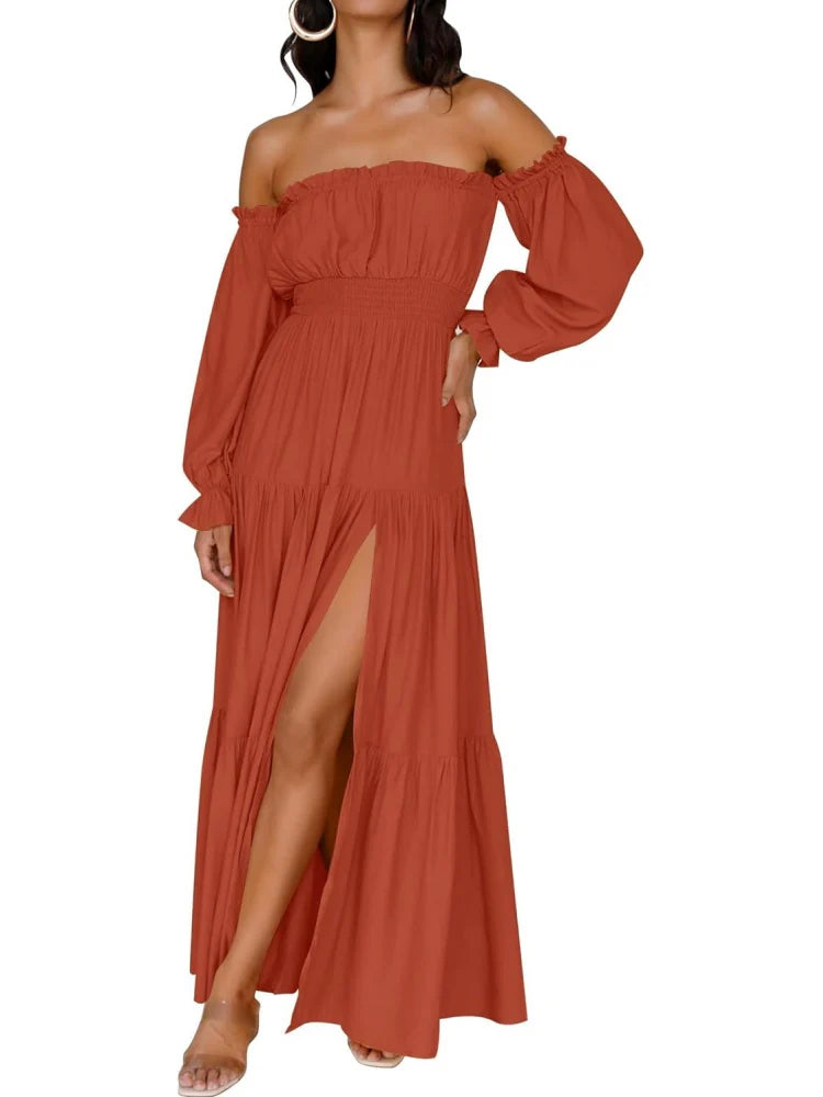 Robe longue à volants et épaules dénudées, style bohème sexy, pour femme
