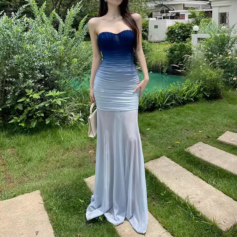 Robe de soirée bustier Liroa, élégante, à effet ombré et froncée