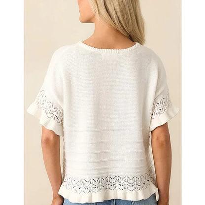 Pull d'été à manches courtes et volants pour femme, en tricot ou crochet, coupe courte