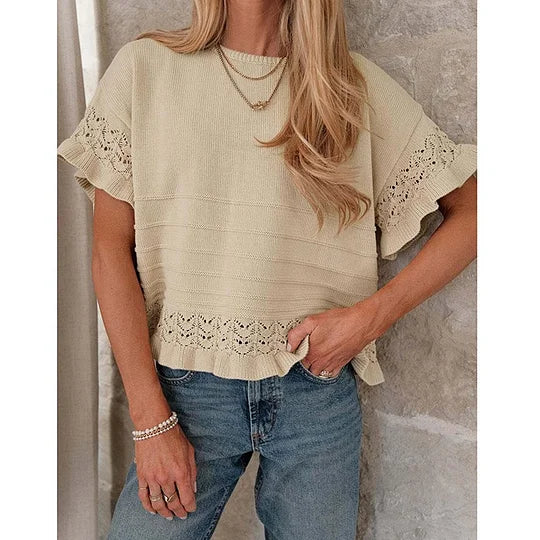 Pull d'été à manches courtes et volants pour femme, en tricot ou crochet, coupe courte