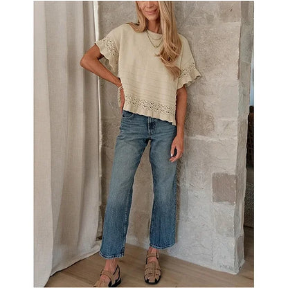 Pull d'été à manches courtes et volants pour femme, en tricot ou crochet, coupe courte