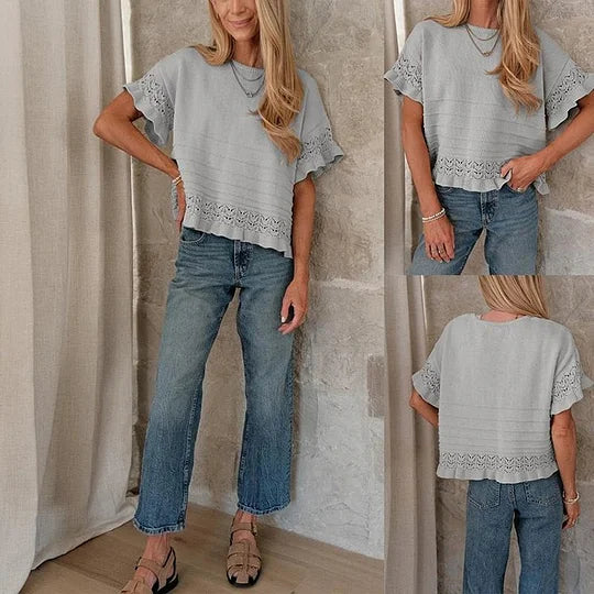 Pull d'été à manches courtes et volants pour femme, en tricot ou crochet, coupe courte