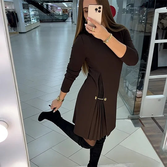 Elegant Long-Sleeved Dress with Pleated Panels