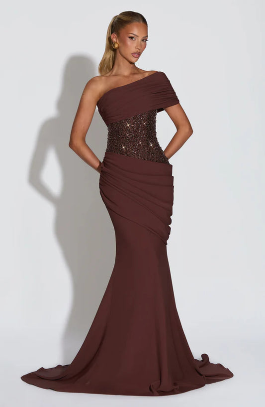 One-Shoulder Sequin Detail Pleated Bodycon Gown