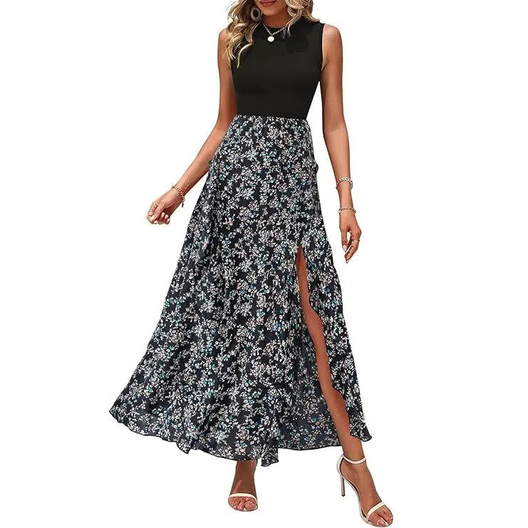 Midi-cocktailklänning i boho-stil med blommönster och volanger