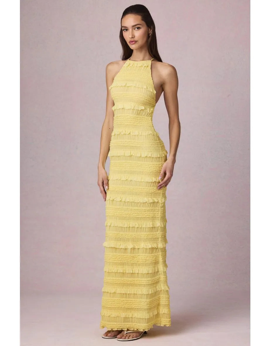 Maxikleid mit Rüschen, rückenfrei und Neckholder-Ausschnitt