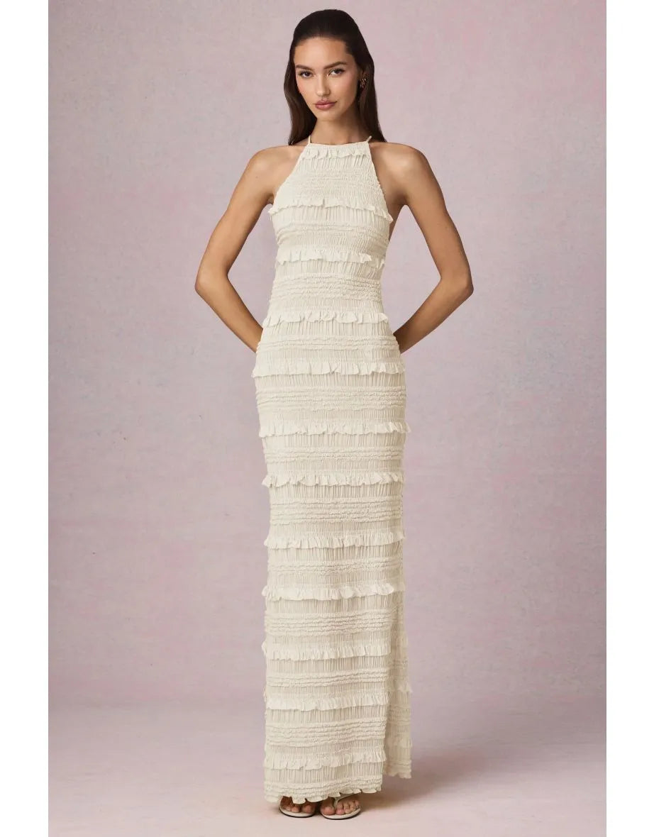 Maxikleid mit Rüschen, rückenfrei und Neckholder-Ausschnitt