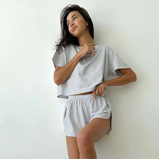 Knitted Striped Short-Sleeve Shorts Pajama Set
